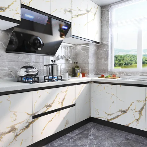 Miniatura 3 de LACHEERY Papel tapiz grueso de mármol blanco para despegar y pegar, papel tapiz blanco y dorado para cocina, papel de pared para encimera, papel