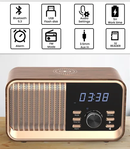 Miniatura 6 de MONODEAL Radio despertador con carga inalámbrica rápida, compatible con Bluetooth 5.3/radio FM/puerto USB/tarjeta TF/entrada auxiliar, altavoz