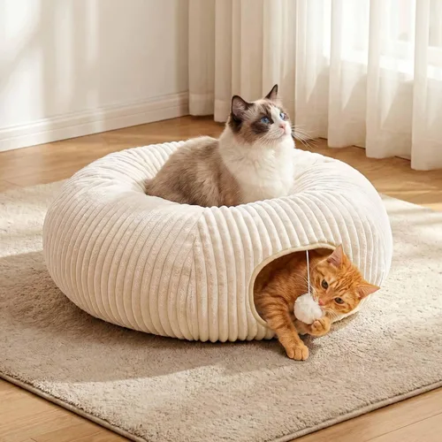 Miniatura 8 de Cama túnel para gatos con 40 juguetes para gatos, túnel de juego plegable para gatos de interior, tubo para gatos para gatitos y cachorros Blanco