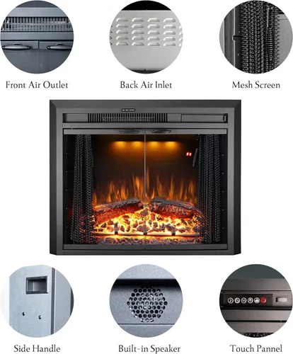 Miniatura 5 de Insertos de Chimenea Eléctrica de 25'' con Puerta de Vidrio, Calentador de Chimenea Eléctrico Empotrado con Sonido de Crepitación de Fuego, Luz