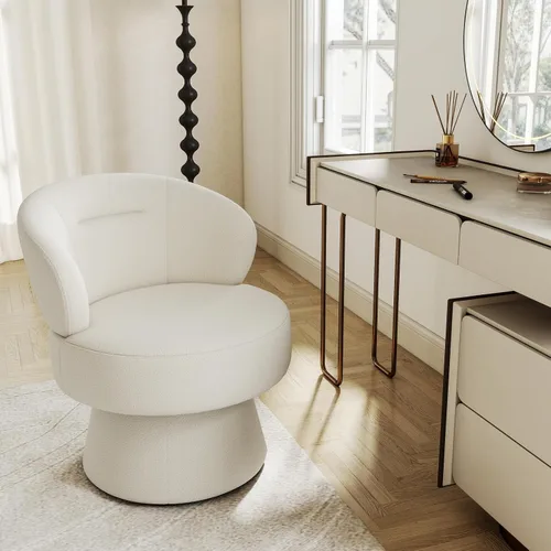 Miniatura 12 de Silla giratoria de 360° con respaldo curvo, moderna silla redonda tapizada de felpilla blanca, sillón tipo cubo para espacio pequeño, sala de estar