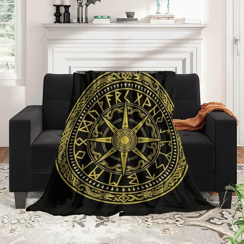 Miniatura 3 de Manta de forro polar suave para hombres y mujeres, manta para sofá y hogar, compatible con diseño celta vikingo negro, brújula rúnica mágica