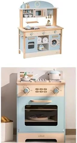ROBUD Juego de cocina de madera con horno de juego, juego de cocina de juguete realista, juego de cocina de juego de simulación con accesorios,