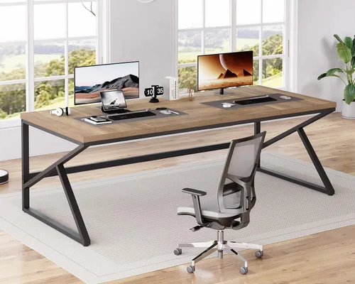 Miniatura 12 de HSH Escritorio Largo de 70 Pulgadas Negro, Escritorio Grande de Metal y Madera para 2 Monitores, Escritorio Moderno para Computadora de Oficina