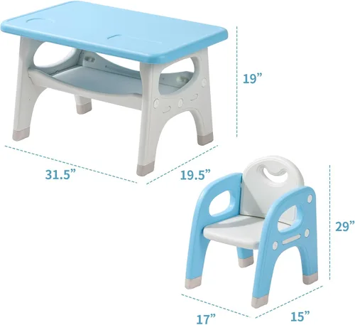Miniatura 2 de Hulaibit Juego de mesa y 2 sillas para niños, juego de mesa y sillas para niños pequeños con estante de almacenamiento integrado grande, mesa