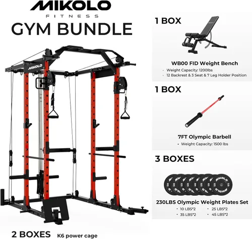 Miniatura 2 de Mikolo Jaula de Potencia, Rack de Potencia con Sistema de Cruce de Cables, 1500LBS Rack para Sentadillas con Sistema de Jalón LAT, Jaula de Rojo
