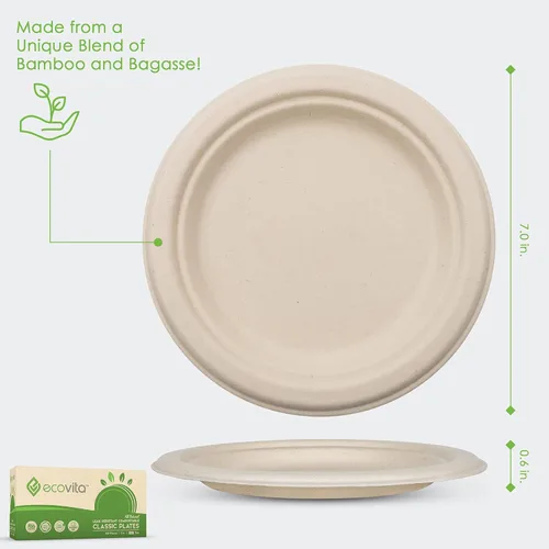 Miniatura 2 de Ecovita Platos de papel 100 % compostables [7 pulgadas] – 150 platos desechables ecológicos, resistentes, libres de árboles y líquidos y resistentes
