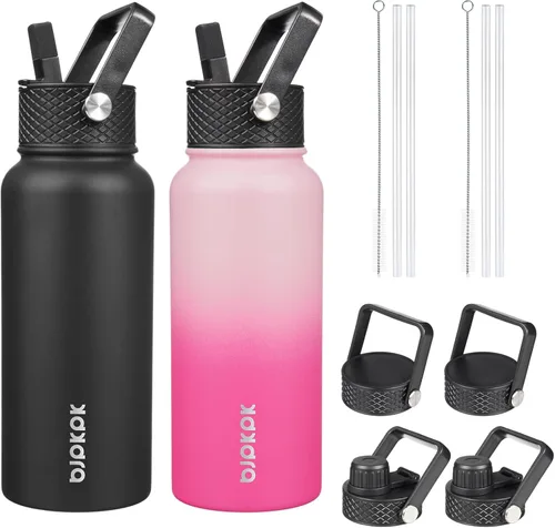 Miniatura 17 de BJPKPK Paquete de 2 botellas de agua aisladas con tapas con pajita, botella de agua de metal de acero inoxidable de 18oz con 6 tapas, jarras a