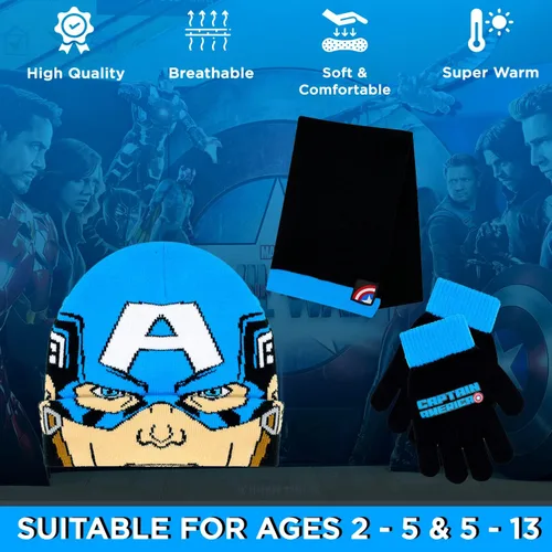 Miniatura 3 de Marvel Avengers - Juego de 3 pañuelos y guantes de nieve para niños, suave y cálido gorro con pompones, bonito uso al aire libre para niños y niños