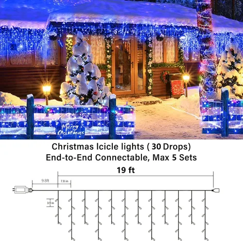 Joomer Luces de carámbano de Navidad – Cadena de luces de 19 pies para exteriores impermeable, 8 modos de temporizador, conectable, tira de luces