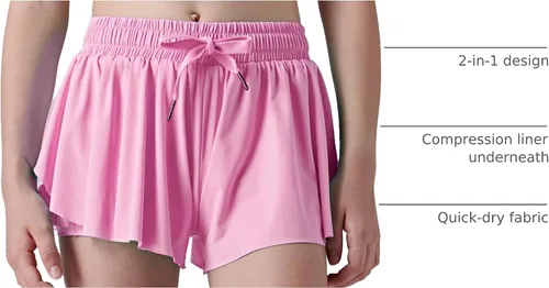 Miniatura 92 de Paquete de 3 pantalones cortos fluidos para niñas con forro de elastano, 2 en 1, faldas de mariposa para jóvenes, para fitness, correr, deportes