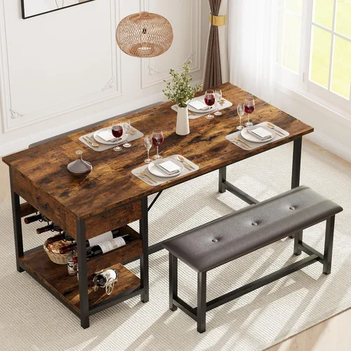 Miniatura 8 de GarveeHome Juego de mesa de comedor para 4, juego de mesa de comedor de cocina con bancos tapizados, mesa de comedor de cocina con cajones