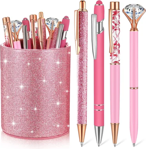Miniatura 15 de Sabary 8 bolígrafos negros con soporte para bolígrafo para escritorio, con purpurina, diamantes de cristal, bonito soporte para lápices, organizador