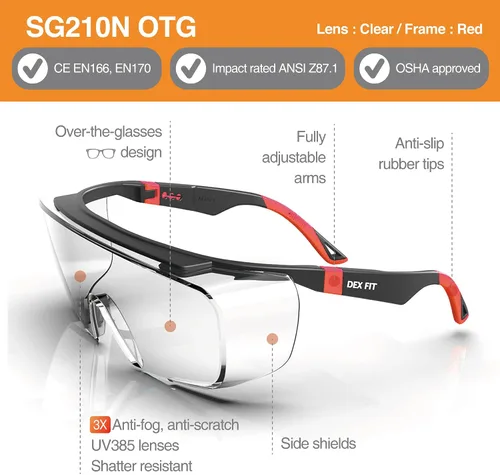 Miniatura 2 de DEX FIT SG210 OTG │ Gafas de seguridad; protección ocular Z87, ajustables, resistentes a la niebla y a los arañazos 3X (Rojo N)