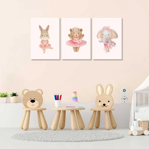 Miniatura 9 de 3 piezas de lienzo de animales de bailarina rosa, arte de pared, lindo elefante, conejo, oso, decoración de pared, imágenes de guardería, habitación
