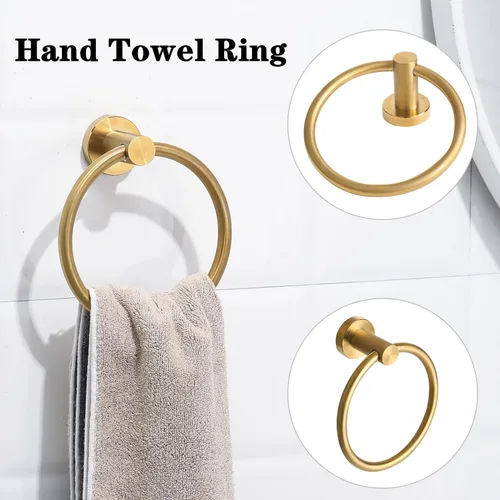 Miniatura 3 de El juego de 4 piezas de accesorios de baño de acero inoxidable dorado cepillado incluye anillo para toalla de mano, soporte para papel higiénico y 2