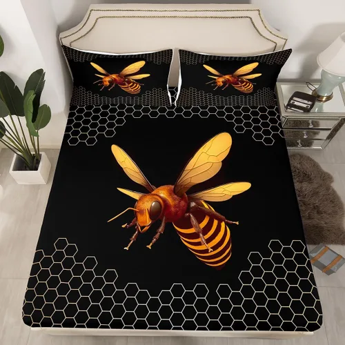 Erosebridal Honey Bee - Juego de sábanas bajeras negras y doradas, tamaño individual, diseño geométrico de panal de abeja para niños y niñas, funda