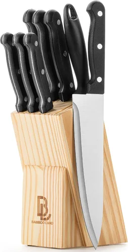 Juego de cuchillos de cocina, 9 piezas, juego de cuchillos de acero inoxidable con bloque y afilador, cuchillos de cocina con bloque de madera