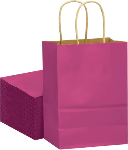 Miniatura 10 de qiqee Bolsas grandes de papel kraft con asas de 13 x 10 x 5 pulgadas, 32 bolsas de papel de regalo, bolsas de color sólido rosa brillante