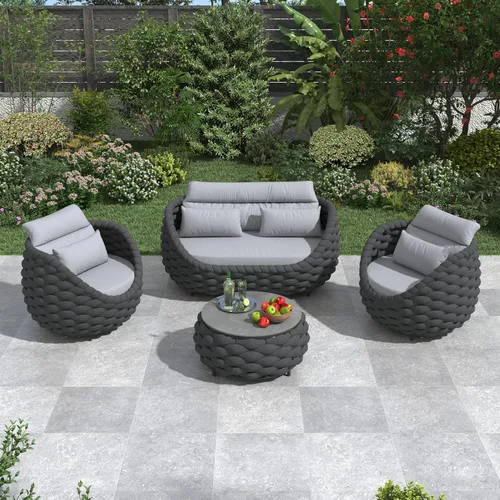 Miniatura 42 de Juego de muebles de patio de cuerda de 4 piezas: conjunto de sofás al aire libre de aluminio acolchado - sofá de conversación moderno ensamblado