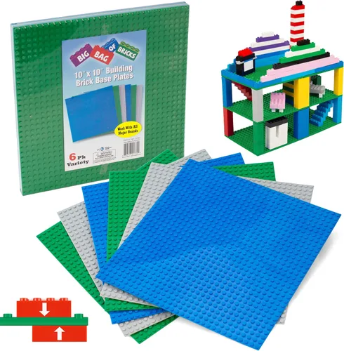 Placas base clásicas para ladrillos de construcción – Juego de 6 placas de construcción grandes de 10 x 10 pulgadas (multicolores) – Conectividad