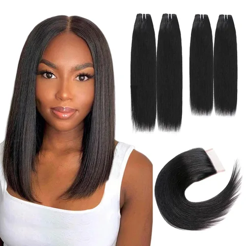 Miniatura 10 de Paquetes de cabello humano corto de 8 pulgadas 10A, pelo brasileño lacio virgen 100% cabello humano liso sin procesar, 4 paquetes 50g/Und