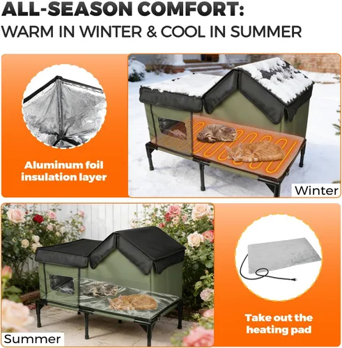 Miniatura 4 de Casa climatizada para gatos para exteriores, refugio de invierno aislado a la intemperie con base elevada y ventana transparente, puerta de escape