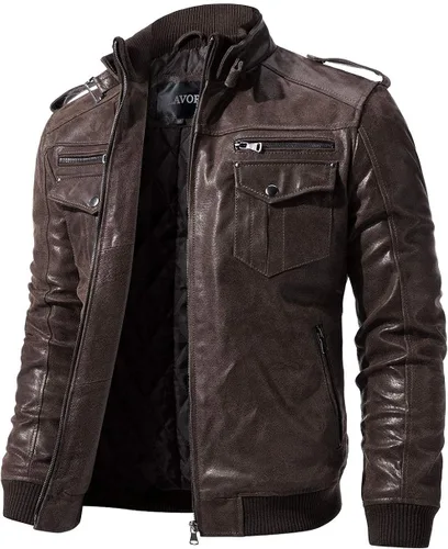 Miniatura 3 de FLAVOR Chaqueta de piel auténtica para hombre, estilo retro, color marrón