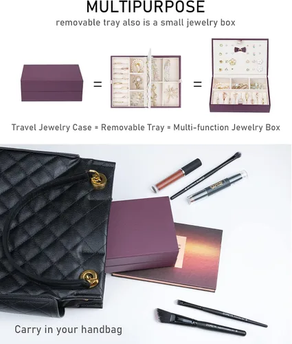 Miniatura 4 de V-LAFUY Joyero con bandeja extraíble, joyero para mujeres y niñas, 2 capas portátil, organizador de joyas, estuche de almacenamiento con estuche