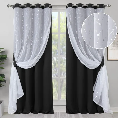 Miniatura 23 de BGment Cortinas de oscurecimiento de habitación con superposición transparente, cortinas de tul estampado plateado de doble capa para sala de estar