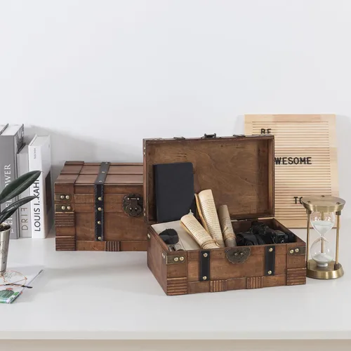 Miniatura 5 de Soul & Lane Cajas de madera con tapas con bisagras, juego de 2, baúles decorativos para almacenamiento y decoración del hogar, cofres del tesoro