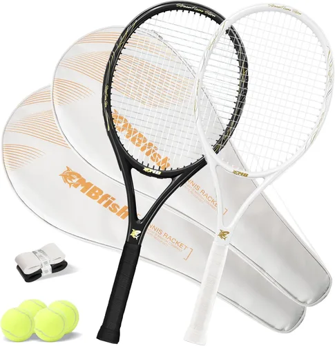 Raquetas de tenis – Juego de raquetas de tenis de 27 pulgadas para principiantes, incluye 4 pelotas de tenis, 2 overgrips y 2 bolsas de tenis