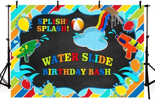 MEHOFOND Tobogán acuático para niños, telón de fondo de fiesta de cumpleaños, salpicaduras, pizarrón, fiesta, verano, piscina, pistola, fondo,