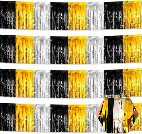 Miniatura 21 de Paquete de 4 guirnaldas de flecos de papel de aluminio negro de 10 pies con serpentinas metálicas de oropel para colgar en la pared, telón de fondo