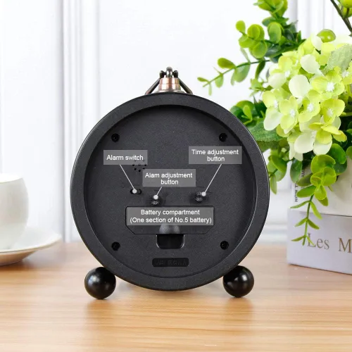 Miniatura 2 de Reloj de mesa de metal retro, funciona con pilas, sin tictac, mesa de cuarzo, pequeño despertador, estante de escritorio, reloj de cristal HD