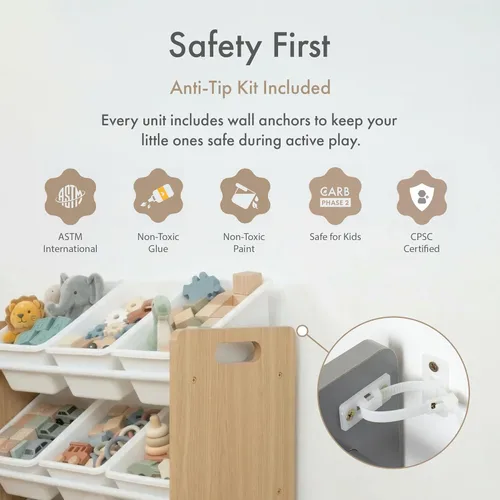Miniatura 7 de Humble Crew Organizador de juguetes de 9 compartimientos: madera natural Journey con contenedores de plástico blanco, solución de almacenamiento