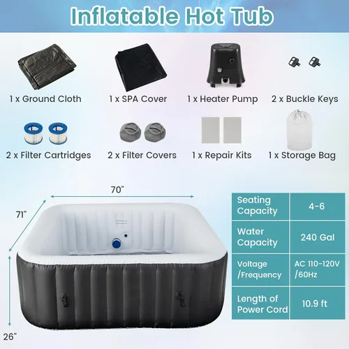 Miniatura 7 de Goplus Jacuzzi hinchable, piscina para 4-6 personas con 130 chorros de aire, bomba con calentador, cartuchos de filtro, cubierta aislada, tela