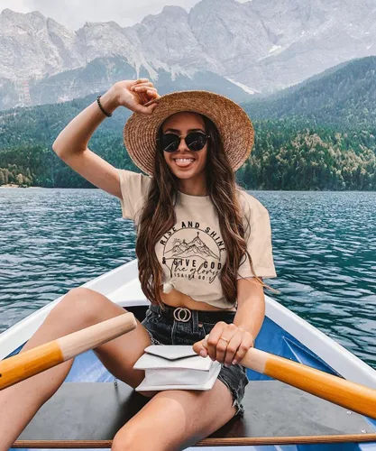 Miniatura 52 de Camisetas sin mangas de senderismo y montaña para mujer, divertidas camisetas de entrenamiento con gráficos de pino y amanecer, camisetas de verano