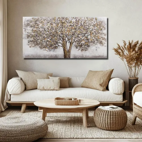 Miniatura 2 de CHUDANHAO Pósteres de Arte Grises Imágenes de Decoración de Pared de Árbol Grande para Oficina Arte de Pared Dorado y Blanco Pintura Botánica