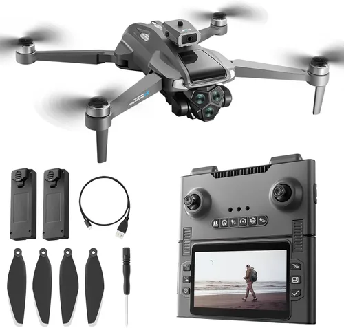 Drone M66 con nuevo control remoto plegable con pantalla, dos baterías, motor sin escobillas, retención de altitud, despegue y aterrizaje con una
