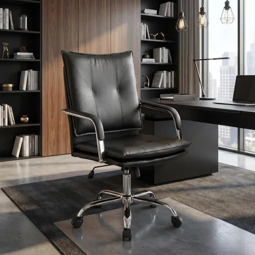 MOJAY Silla de oficina, silla de escritorio de cuero, silla de escritorio marrón, silla de oficina moderna de mediados de siglo, silla giratoria