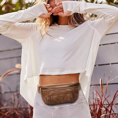 Miniatura 2 de Chinllo Riñonera para mujer, bolsa cruzada de moda para cinturón de cuero vegano con correa ajustable, Café, Moda