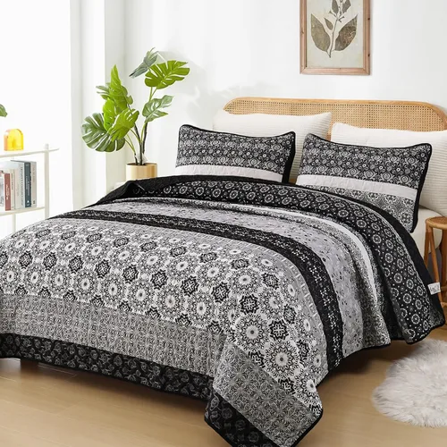 Miniatura 19 de WONGS BEDDING Juego de edredón bohemio tamaño Queen, juego de colcha de retazos a rayas bohemias aguamarina con 2 fundas de almohada, juego de ropa