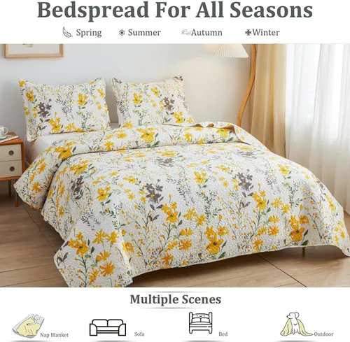 Miniatura 6 de Jarson Juego de edredón floral de 3 piezas, tamaño individual, colcha ligera estilo campestre para primavera y verano, juego de ropa de cama