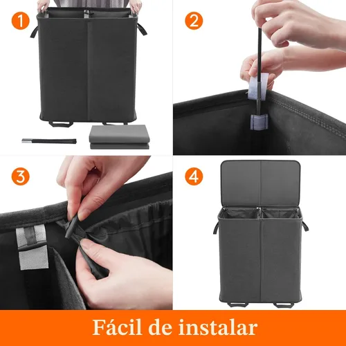 Miniatura 3 de Lifewit Cesta de lavandería doble con tapa y bolsas de lavandería extraíbles, gran plegable, 2 divisores, cesta de ropa sucia con asas para Negro