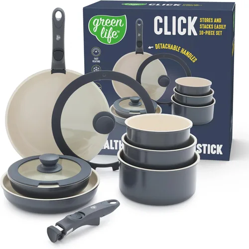 GreenLife - Juego de 10 piezas de ollas y sartenes antiadherentes, mango desmontable y juego de utensilios de cocina apilables, sartenes sin tóxicos