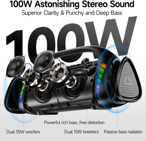 Miniatura 2 de Bocina Bluetooth LFS, altavoces Bluetooth inalámbricos de 100W y bajo profundo, luces LED, impermeable IPX6, 30 horas de reproducción, altavoz