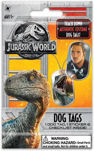 Jurassic World 97629520040 2018 Fallen Kingdom Dino Track Down - Etiquetas de perro auténticas para disfraz, una calcomanía y lista de verificación