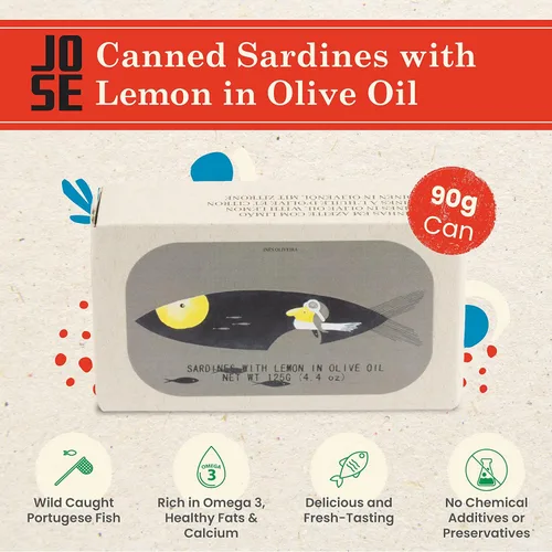 Miniatura 3 de Sardinas enlatadas con limón y aceite de oliva por Jose Gourmet, Sardinas portuguesas capturadas en la naturaleza, conservas de pescado en aceite