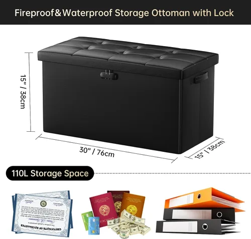 Miniatura 10 de DocSafe Banco otomano de almacenamiento con cerradura, banco plegable ignífugo de 30 pulgadas, reposapiés taburete, baúl de almacenamiento seguro